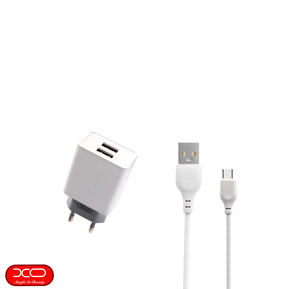 XO USB Wall Charger | Dual USB-A + Type-C Cable | 2.4A Fast Charging