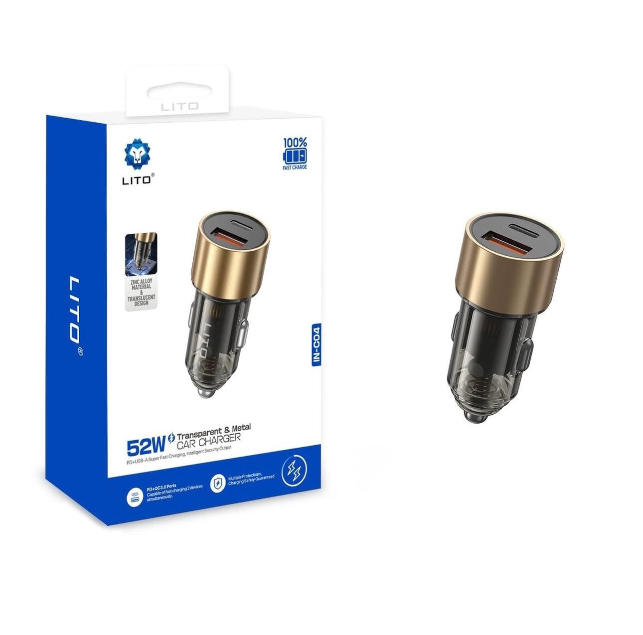 LITO IN‑C04 Transparent Metal 52W Dual‑Port Car Charger – PD USB‑C & USB‑A
