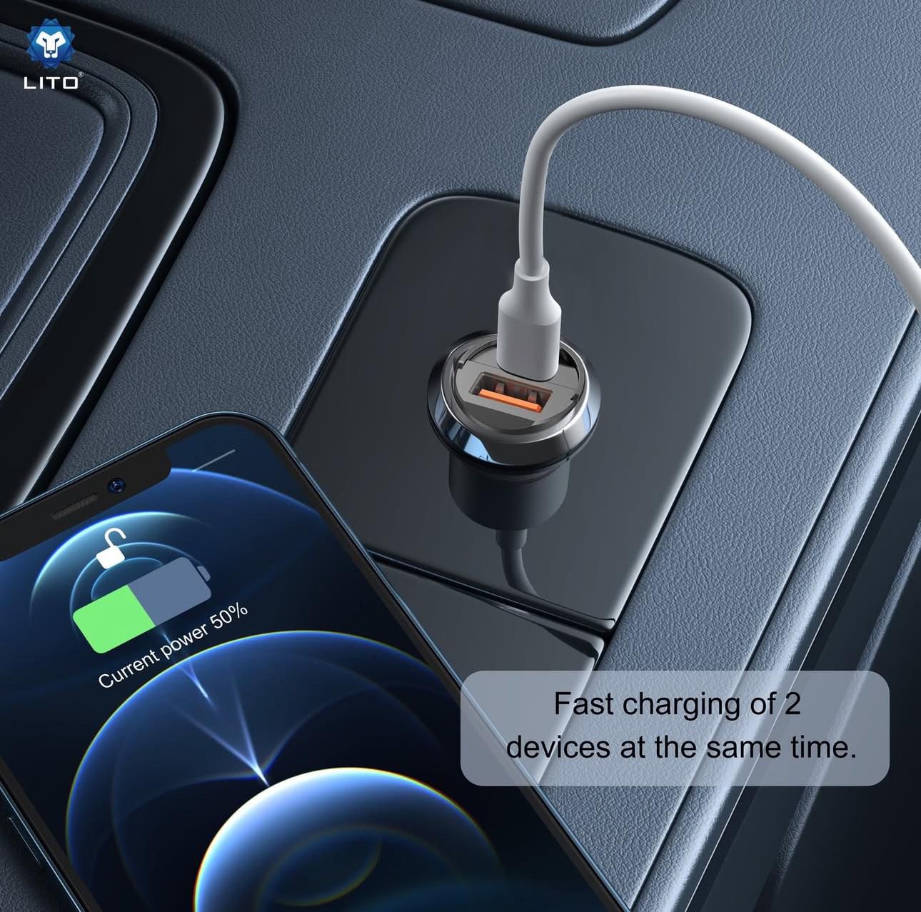 LITO IN‑C03 45W Dual‑Port Transparent Metal Car Charger – USB‑C + USB‑A