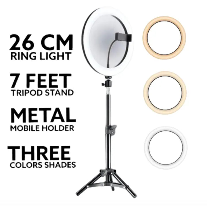 Ring Light 26cm with Tripod – Adjustable, Stepless Dimming, 3 Light Modes
