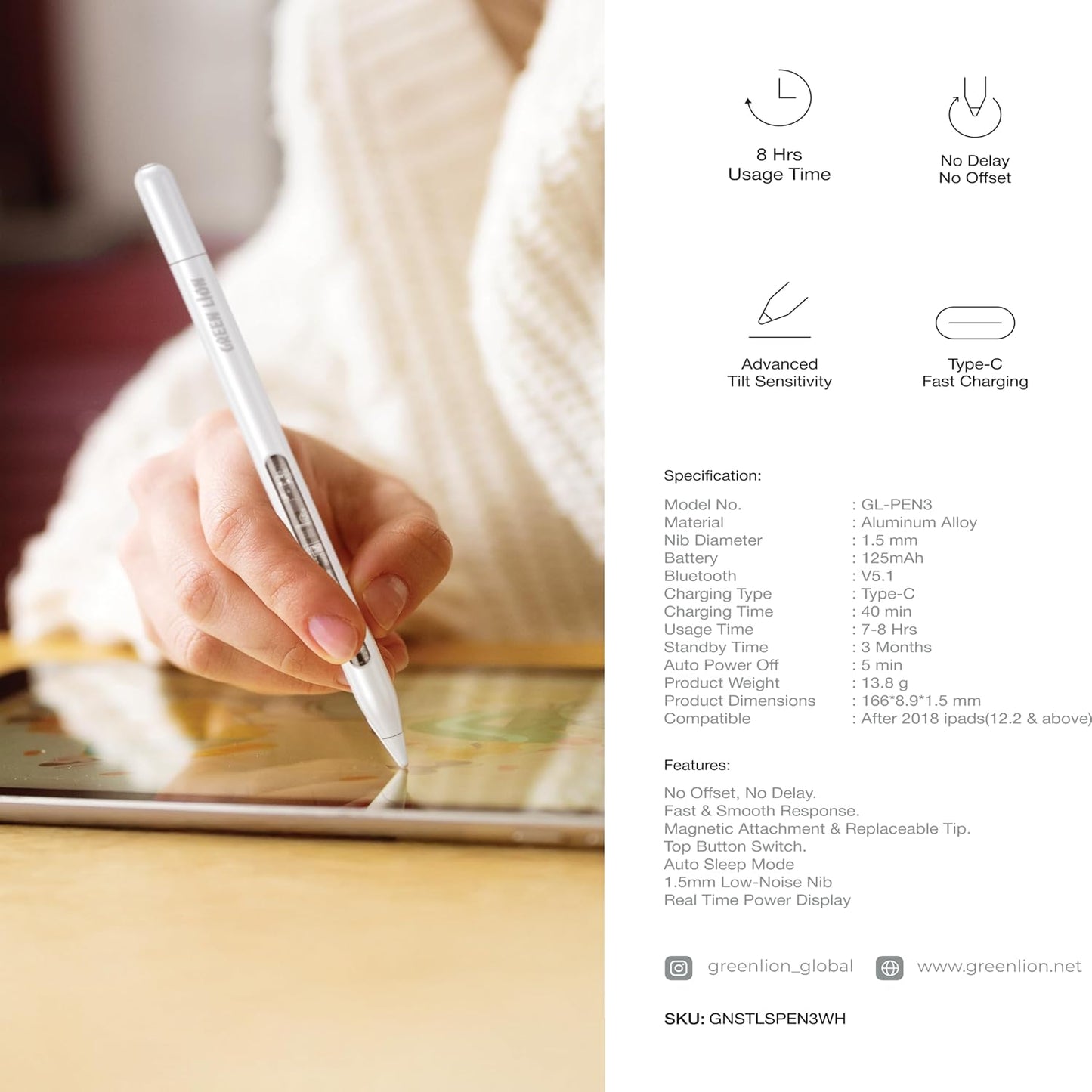 Green Lion Find My Stylus Pen | Magnetic, Tilt-Sensitive, Type-C Rechargeable