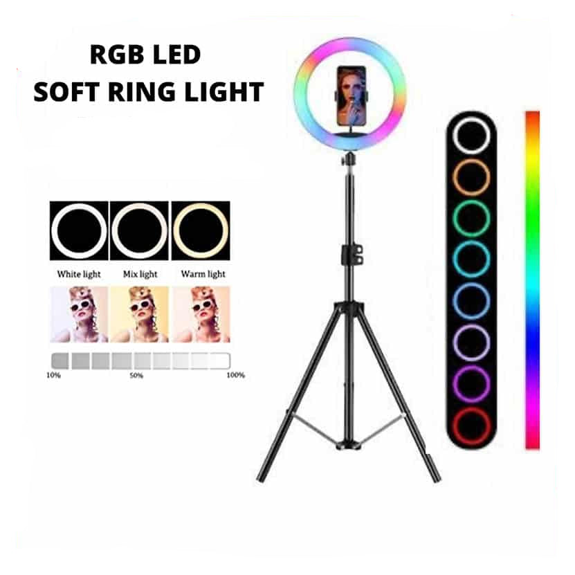 RGB LED Soft Ring Light MJ33 (33cm) with Tripod – 360° Rotating Pan-Tilt, Free Light