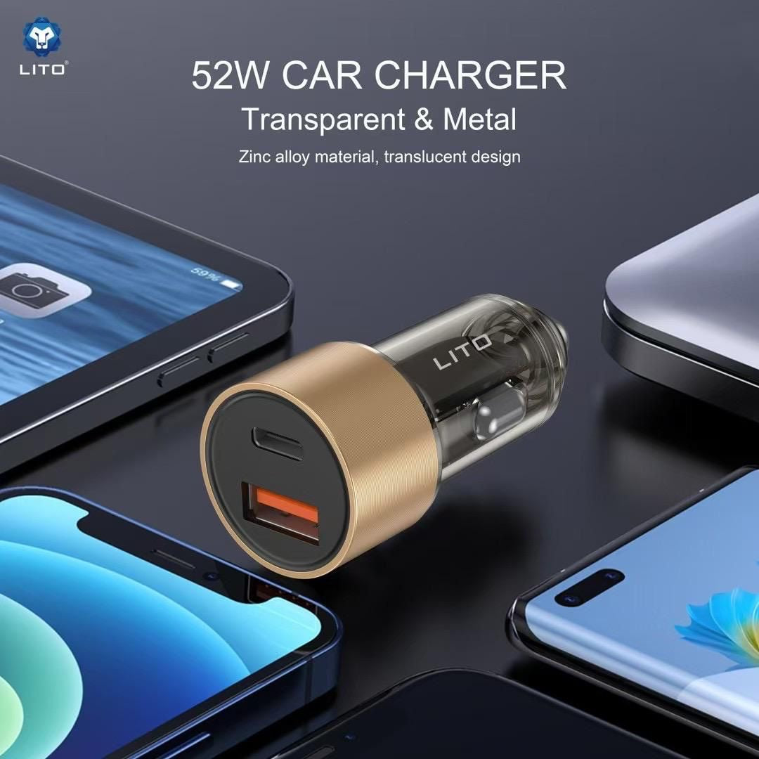 LITO IN‑C04 Transparent Metal 52W Dual‑Port Car Charger – PD USB‑C & USB‑A