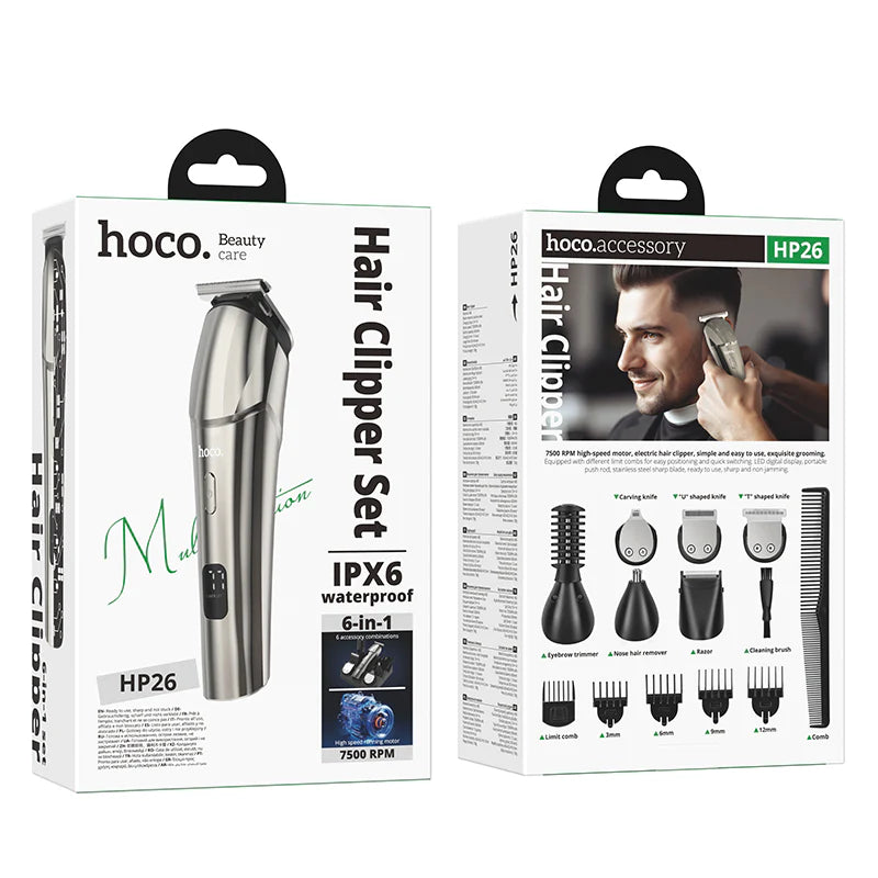 HOCO HP26 Electric Hair Clipper – 6-in-1 Grooming Set | IPX6 Waterproof | 7500 RPM