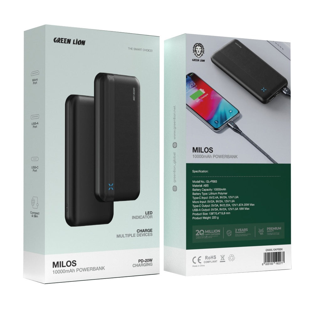 Green Lion Milos 10000mAh Power Bank | PD-20W Fast Charging | Multi-Port | Slim Design