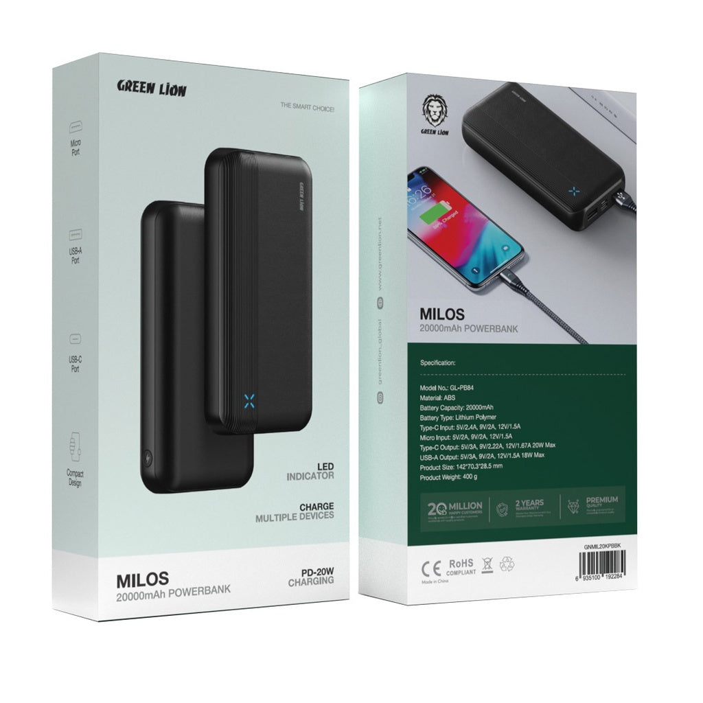 Green Lion Milos 20000mAh Power Bank | PD-20W Fast Charging | Multi-Port | Slim Design