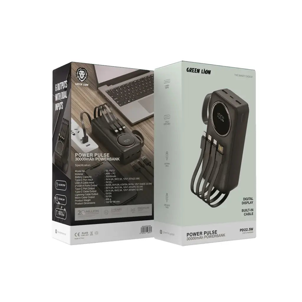 Green Lion Power Pulse 30000mAh Power Bank | Built-in Cables | PD & QC 22.5W | Digital Display