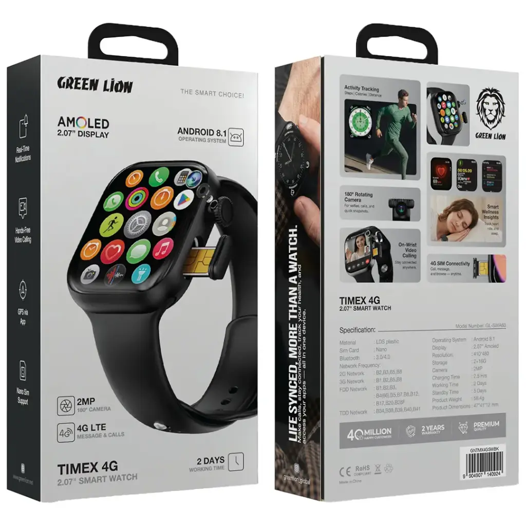 Green Lion Timex 4G Smart Watch 2.07″ HD Display –Camera & Sim