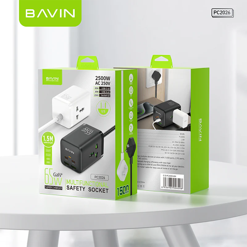 BAVIN PC2026 6-in-1 65W GaN Desktop Power Strip Fast Charging Adapter with AC Plug, USB & Type-C Ports