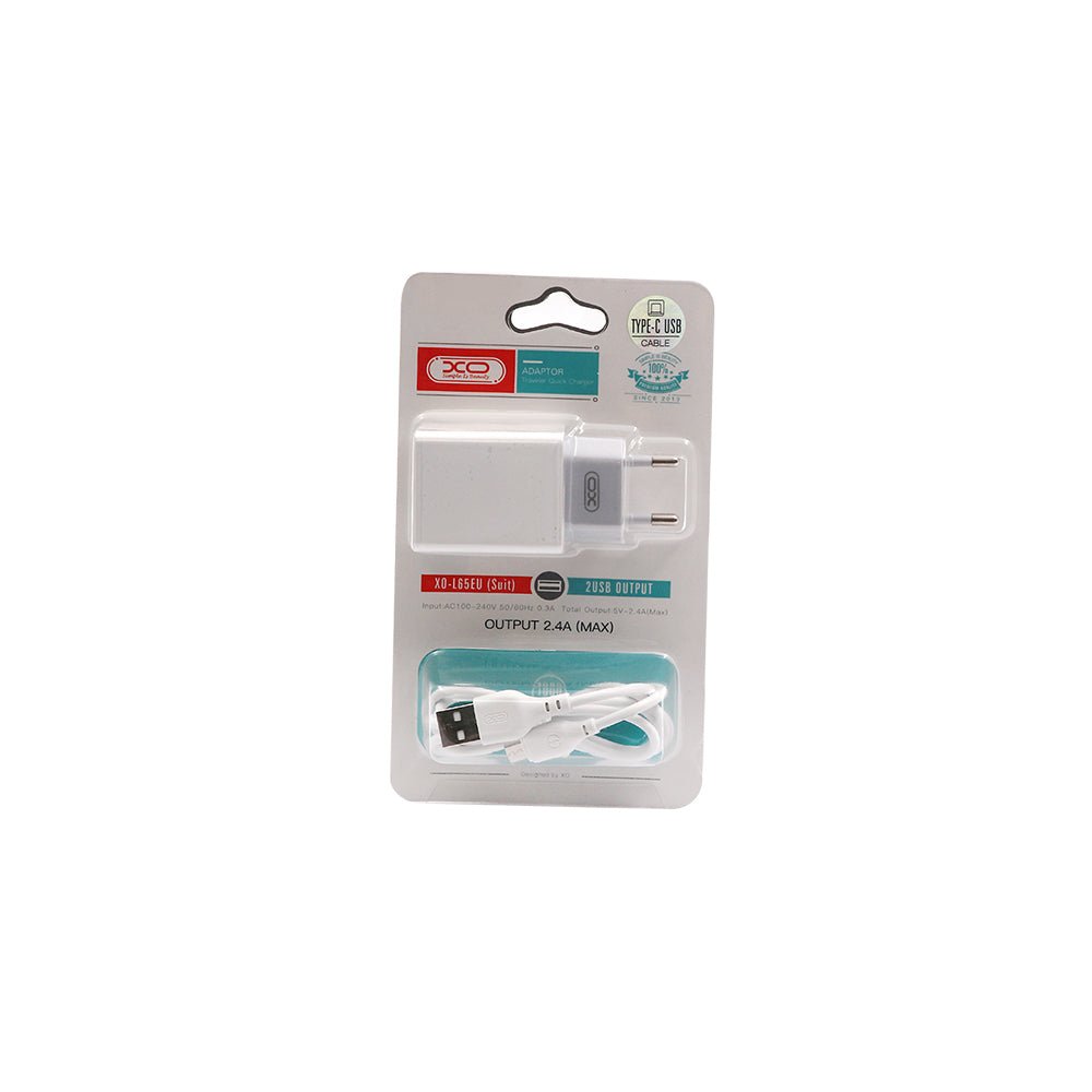 XO USB Wall Charger | Dual USB-A + Type-C Cable | 2.4A Fast Charging