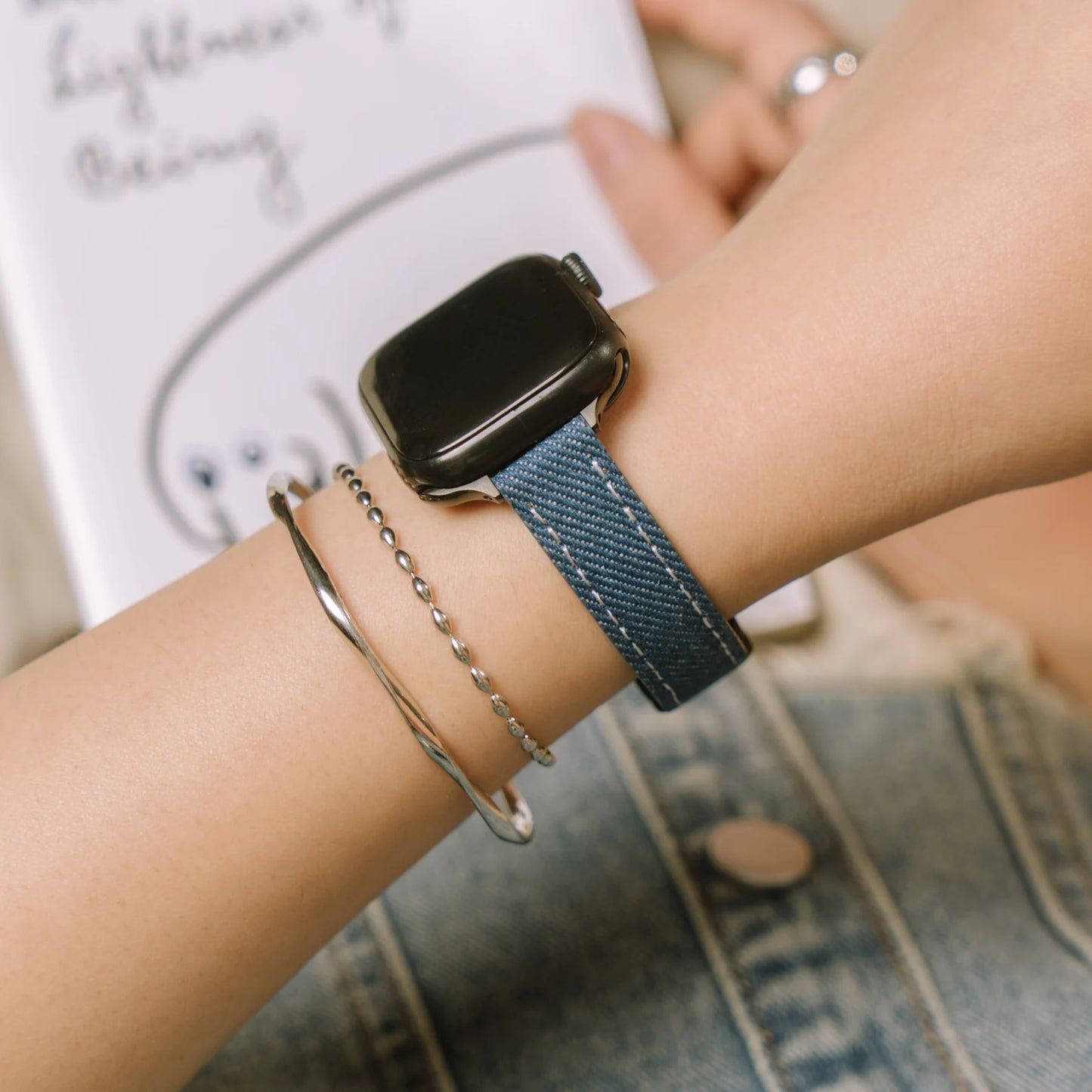 Slim Leather Apple Watch Band Denim-Textured Strap