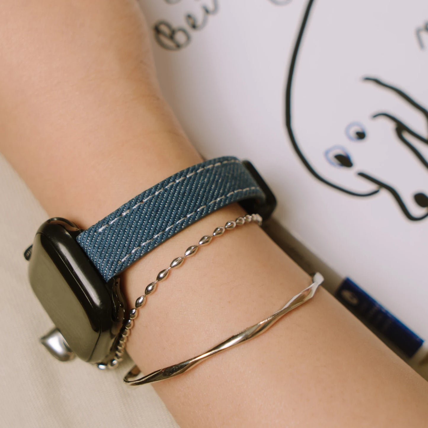 Slim Leather Apple Watch Band Denim-Textured Strap