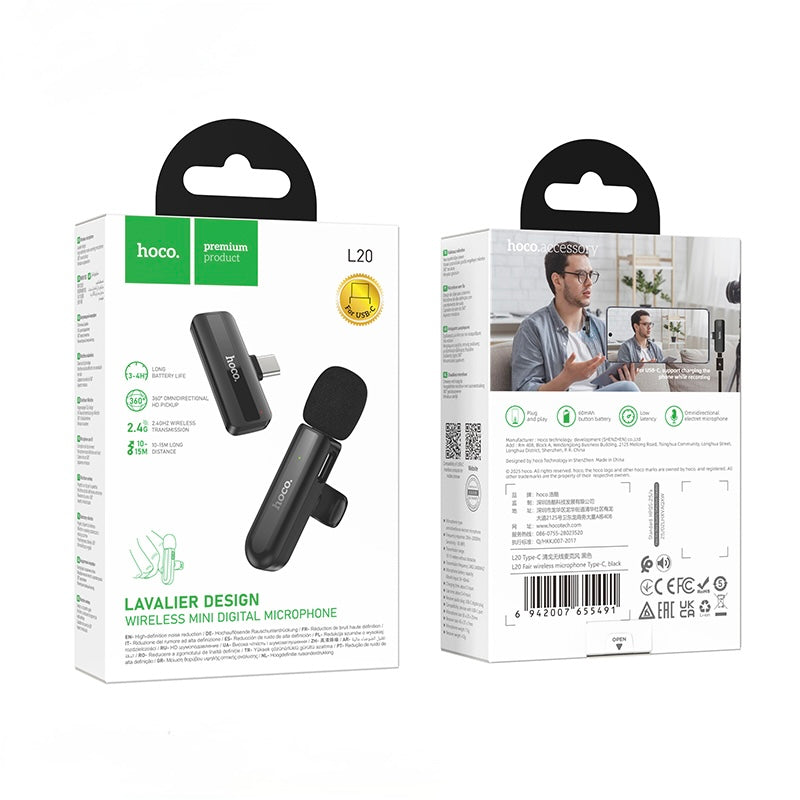 Hoco L20 Clip-On Lavalier Microphone – Crystal Clear Audio for iPhone & Android Type-C