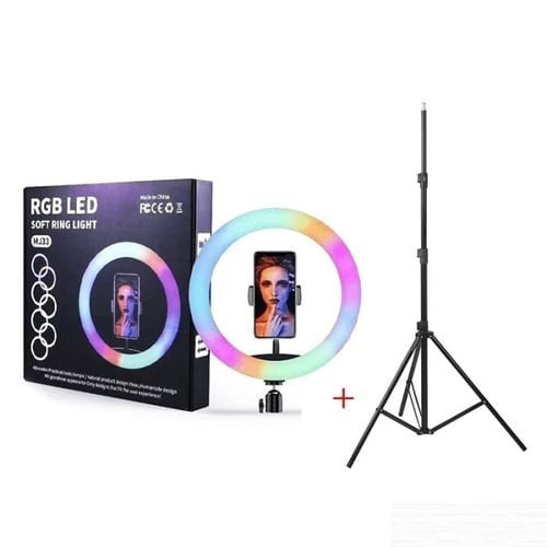 RGB LED Soft Ring Light MJ33 (33cm) with Tripod – 360° Rotating Pan-Tilt, Free Light