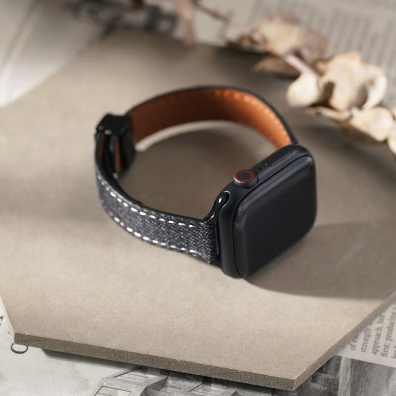 Slim Leather Apple Watch Band Denim-Textured Strap