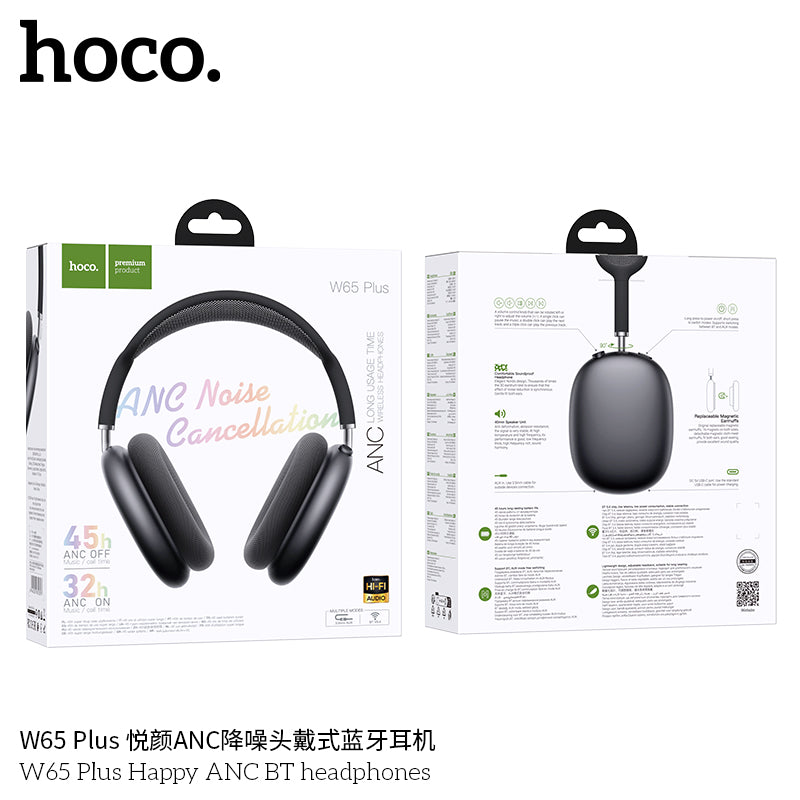 Hoco W65 Plus ANC Over-Ear Headphones – Bluetooth 5.4, 45 h Playtime, Active Noise Canceling