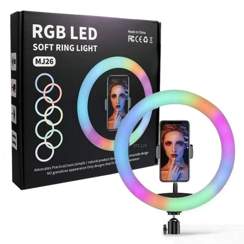 MJ26 RGB LED Soft Ring Light (26cm) with Tripod – 360° Rotating Pan-Tilt, Free Light