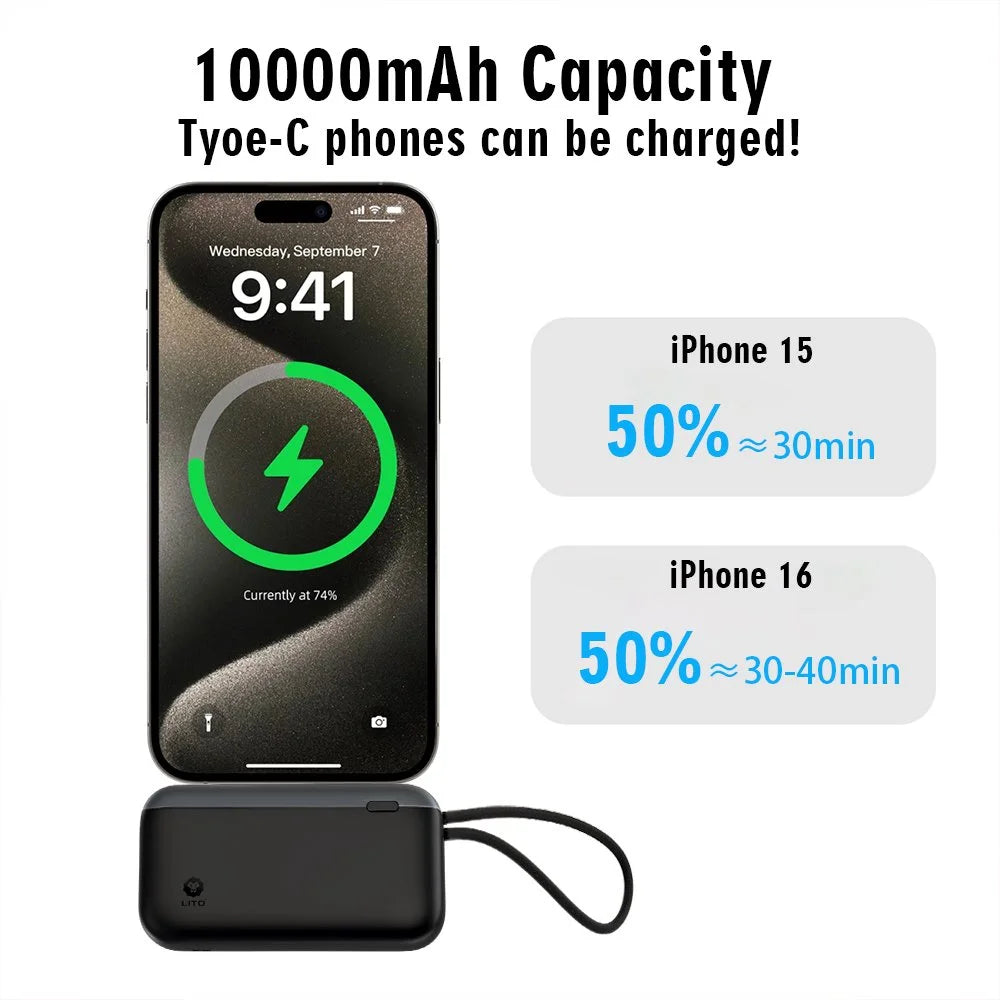 LITO LP10 10000 mAh Power Bank – 22.5W with Built-In USB-C Cable