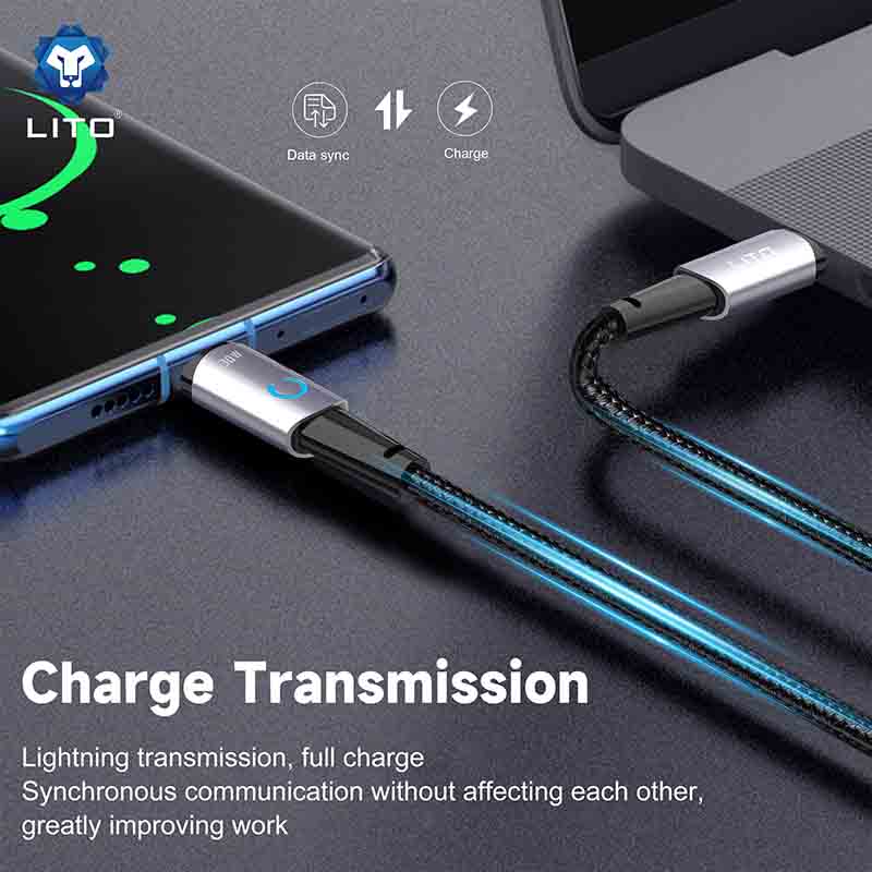 LITO cable connecting two electronic devices on a dark surface with text about charge transmission.