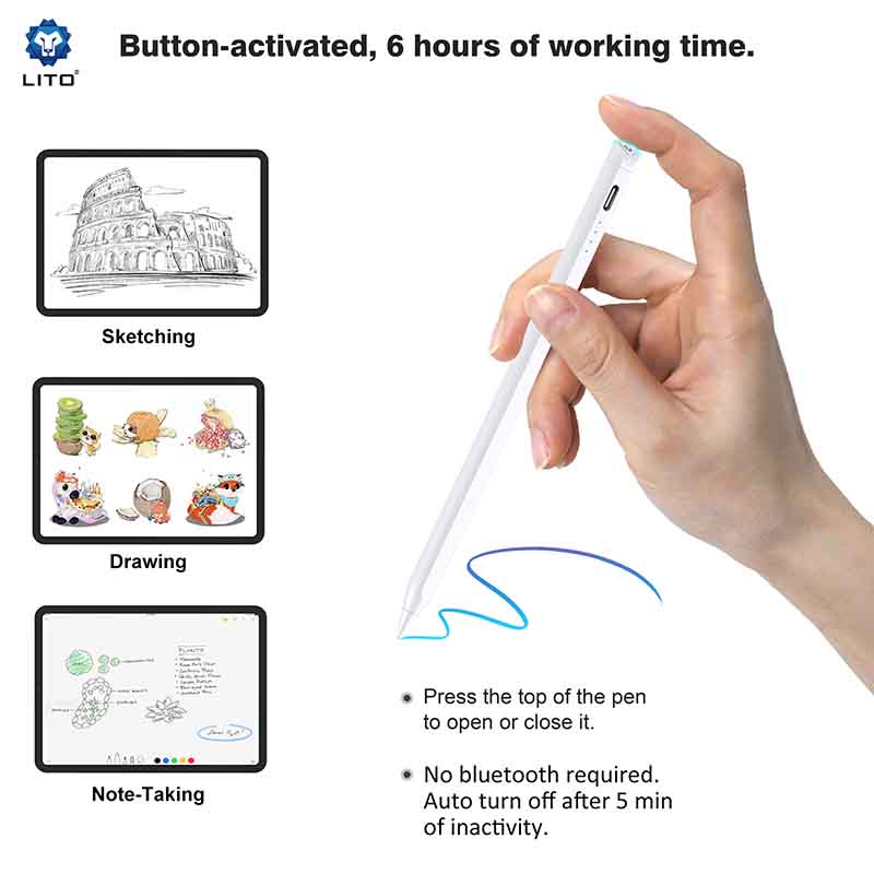 Hand holding a pen with illustrations of using the pen for sketching, drawing, and note-taking on a tablet.