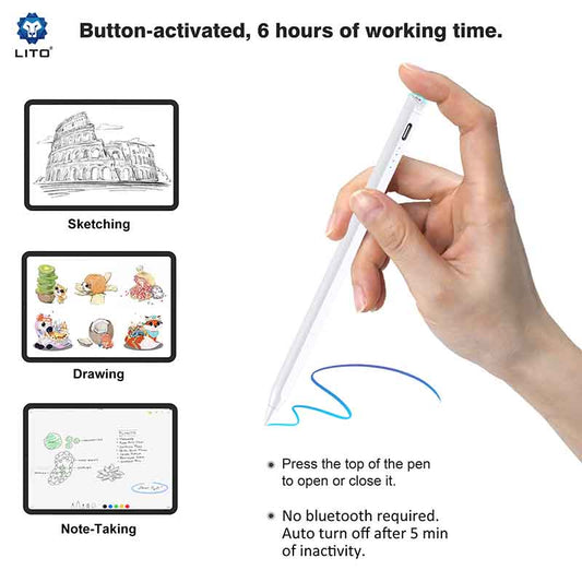 Hand holding a pen with illustrations of using the pen for sketching, drawing, and note-taking on a tablet.