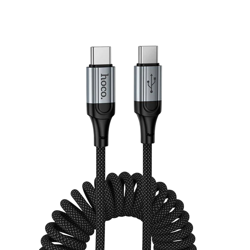 Hoco X121 Nuevo USB-C to USB-C cable 1.5m in black with spring braided design, full length view
