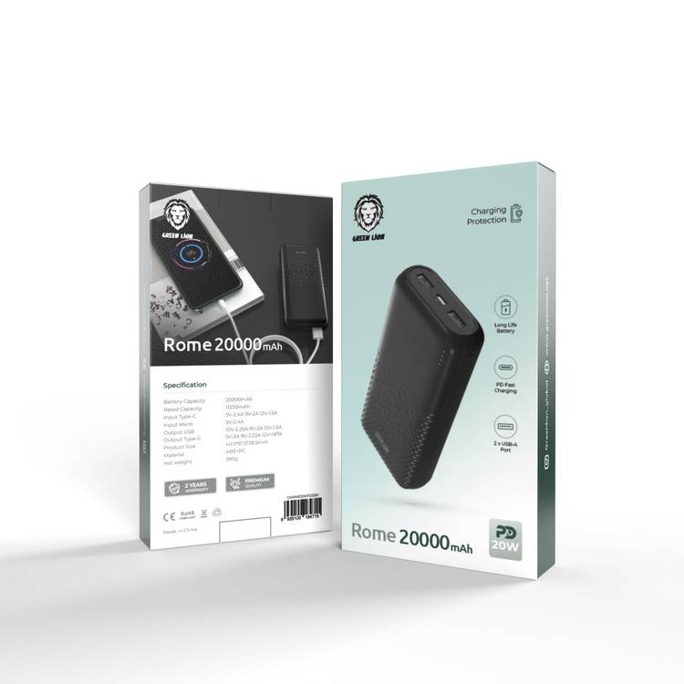 Green Lion Rome 20000mAh Power Bank – 20W Fast Charging, Multi-Port, Portable
