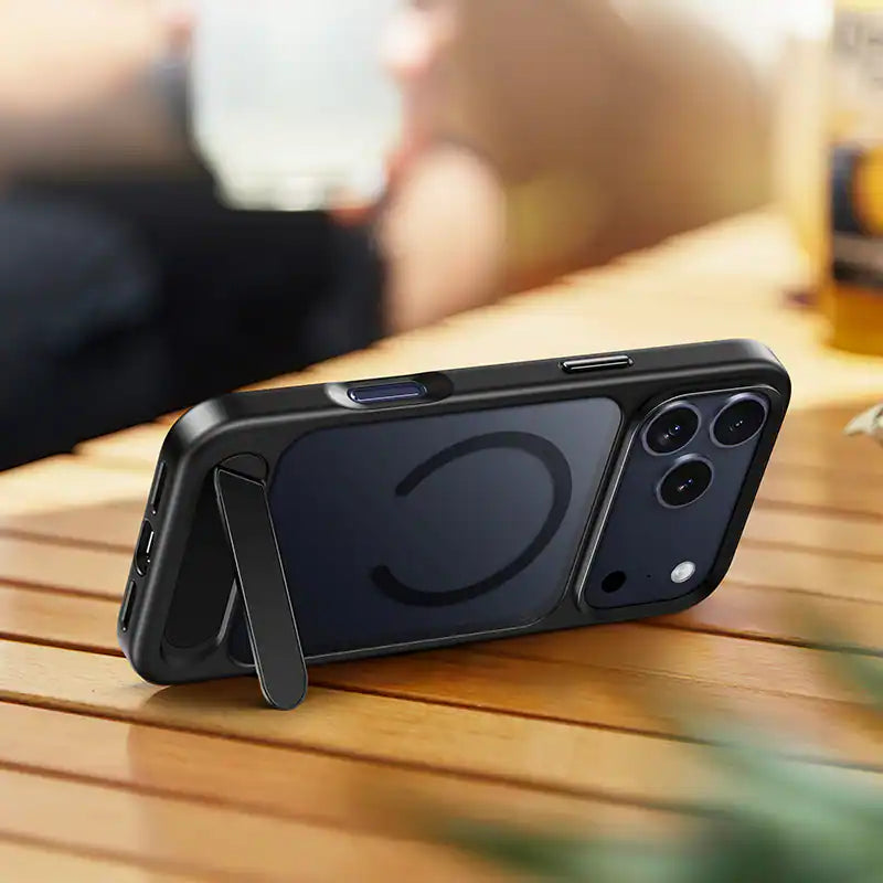 Close-up of HOCO AS12 case showing built-in kickstand and MagSafe ring.
