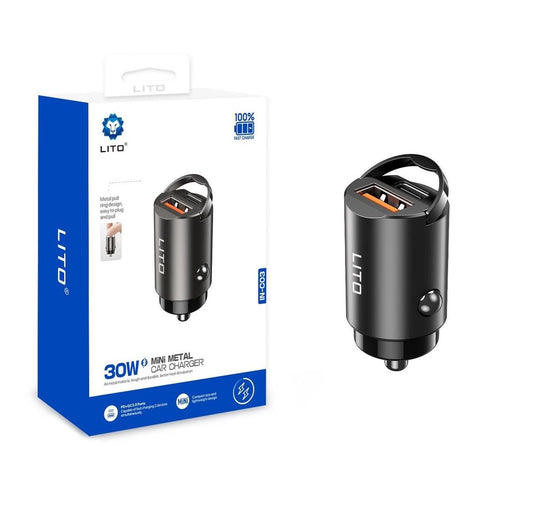 LITO IN‑C03 45W Dual‑Port Transparent Metal Car Charger – USB‑C + USB‑A