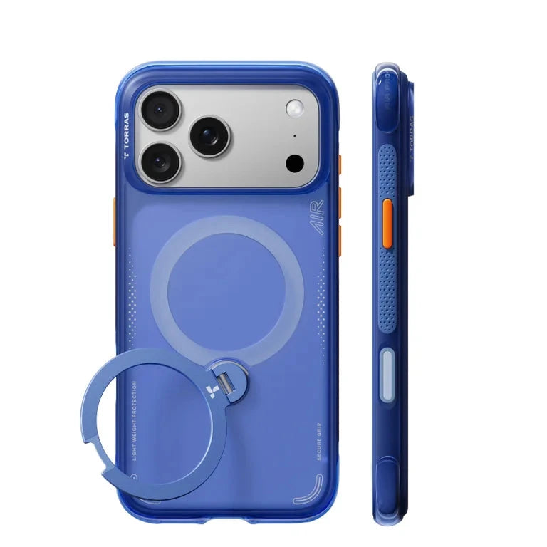 TORRAS Ostand Q3 Air case for iPhone 17/18 Pro & Pro Max – Blue, translucent MagSafe case with 360° rotating ring stand