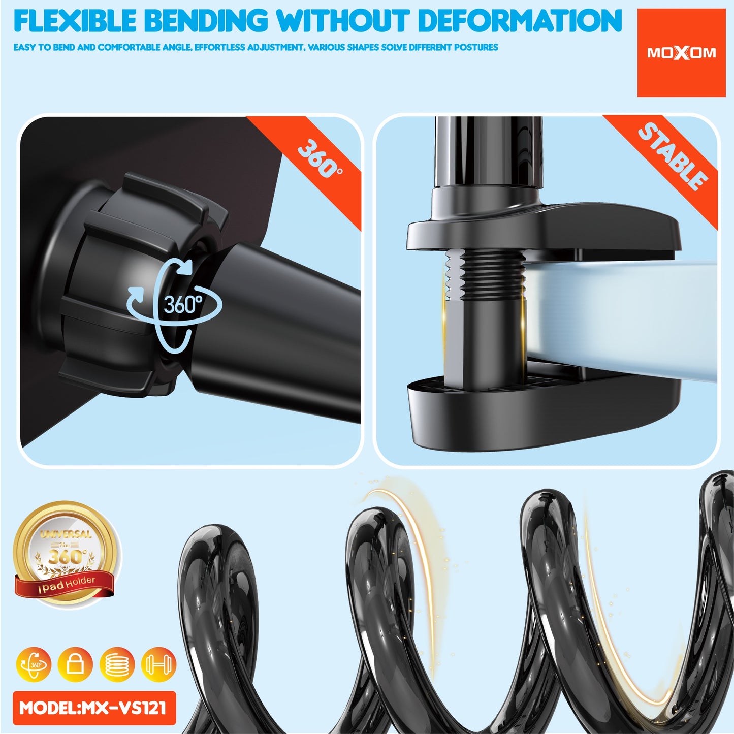 MOXOM Universal Convenient iPad / Tablet Holder – Flexible Stand Desktop Clamp & Gooseneck MX-VS121