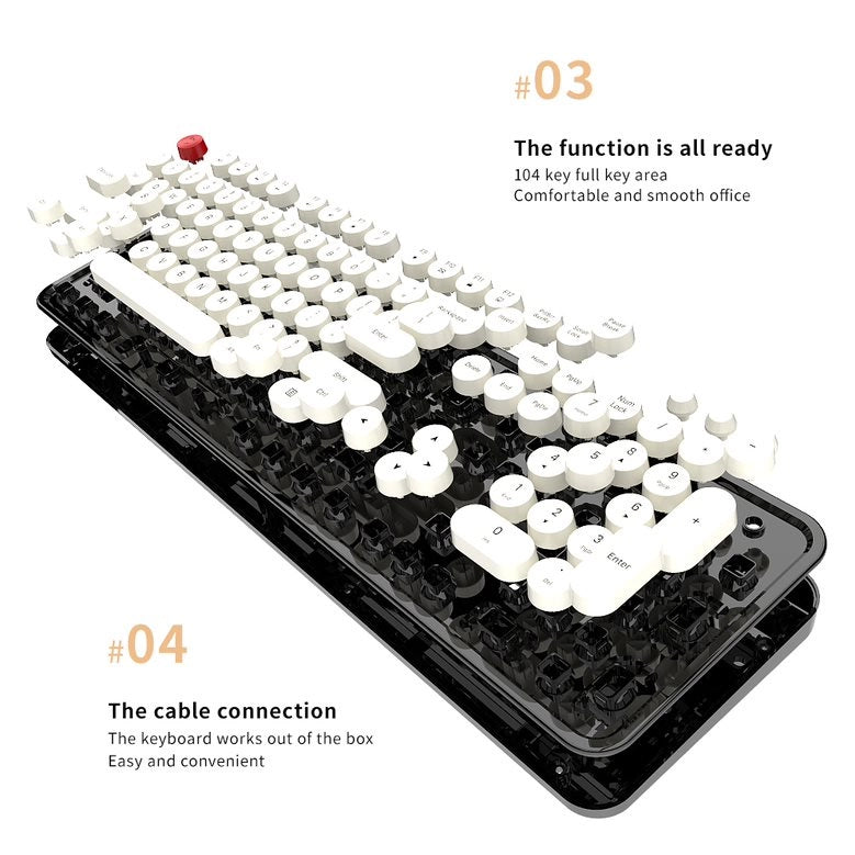 Close-up of MOFII keyboard showing typewriter-style keys.
