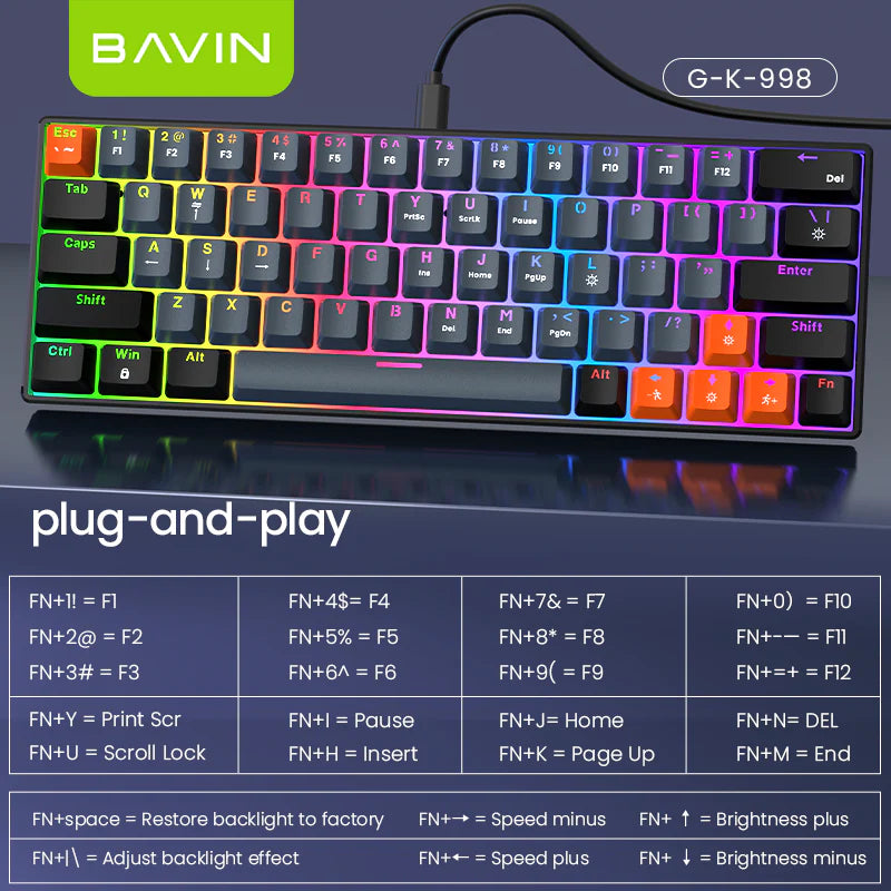 BAVIN G-K-998 RGB 63-Key Mechanical Gaming Keyboard w/ Wired Connection