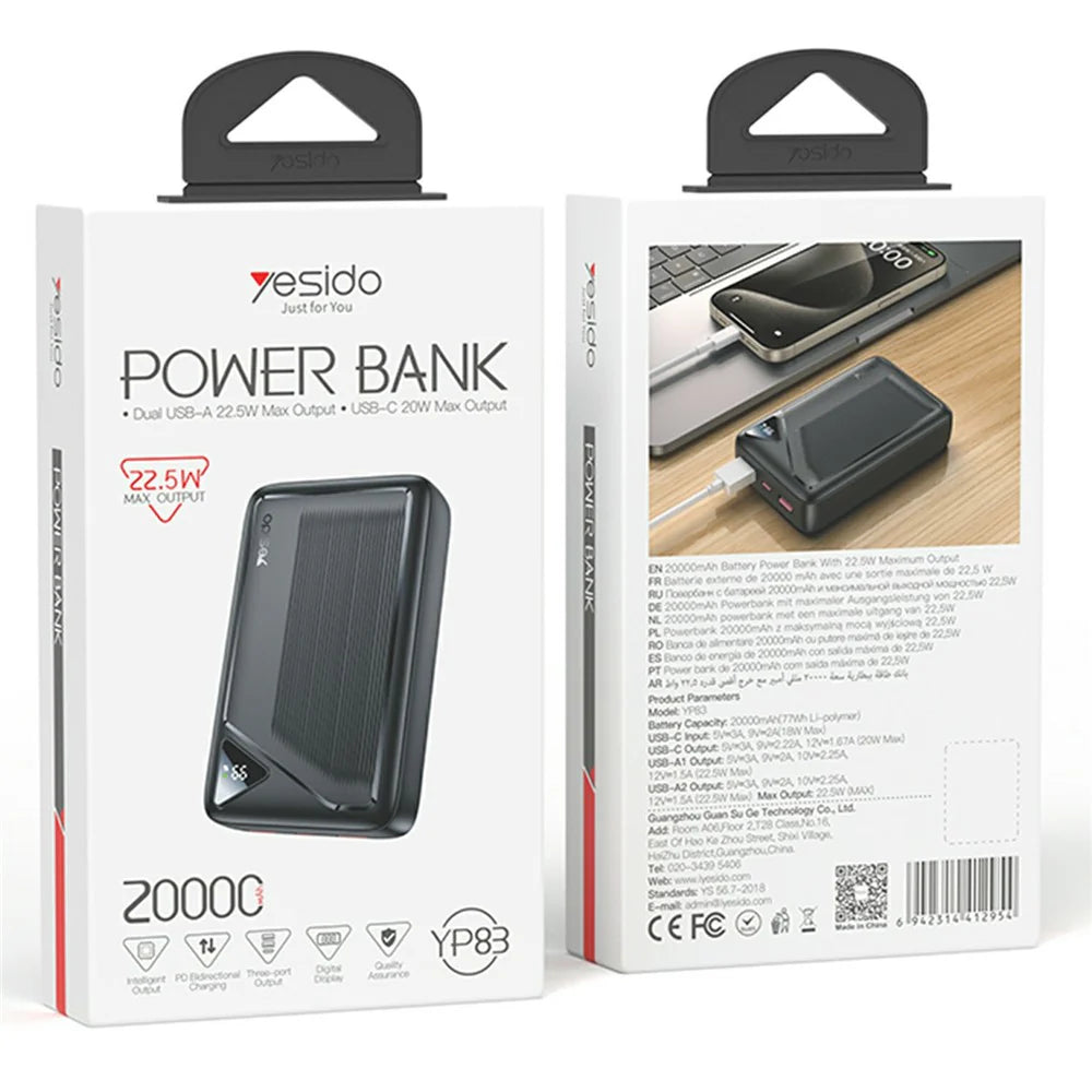 YESIDO YP83 22.5W fast charging power bank in compact design.