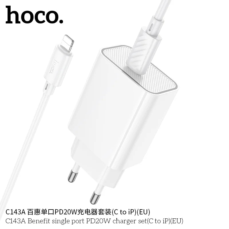 Close-up of HOCO C143A PD20W single-port charger showing compact design.
