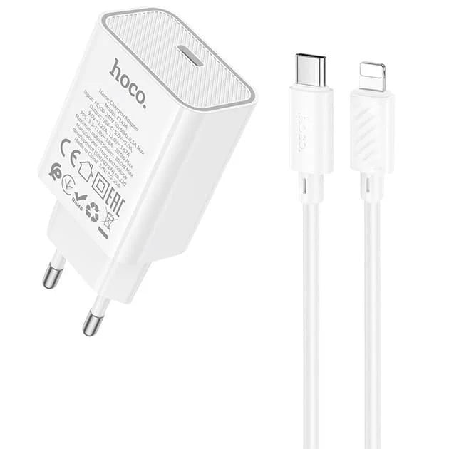 HOCO C143A Benefit Single-Port PD20W Charger Set with USB-C to iPhone cable (EU plug).
