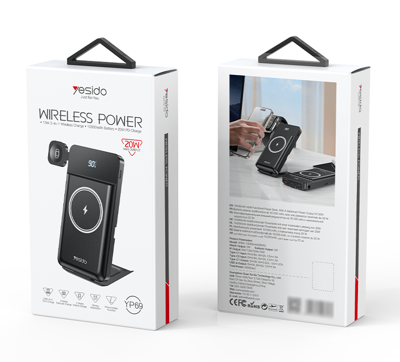 10000mAh Magnetic Power Bank Yesido YP69 - 15W Wireless, LED Display