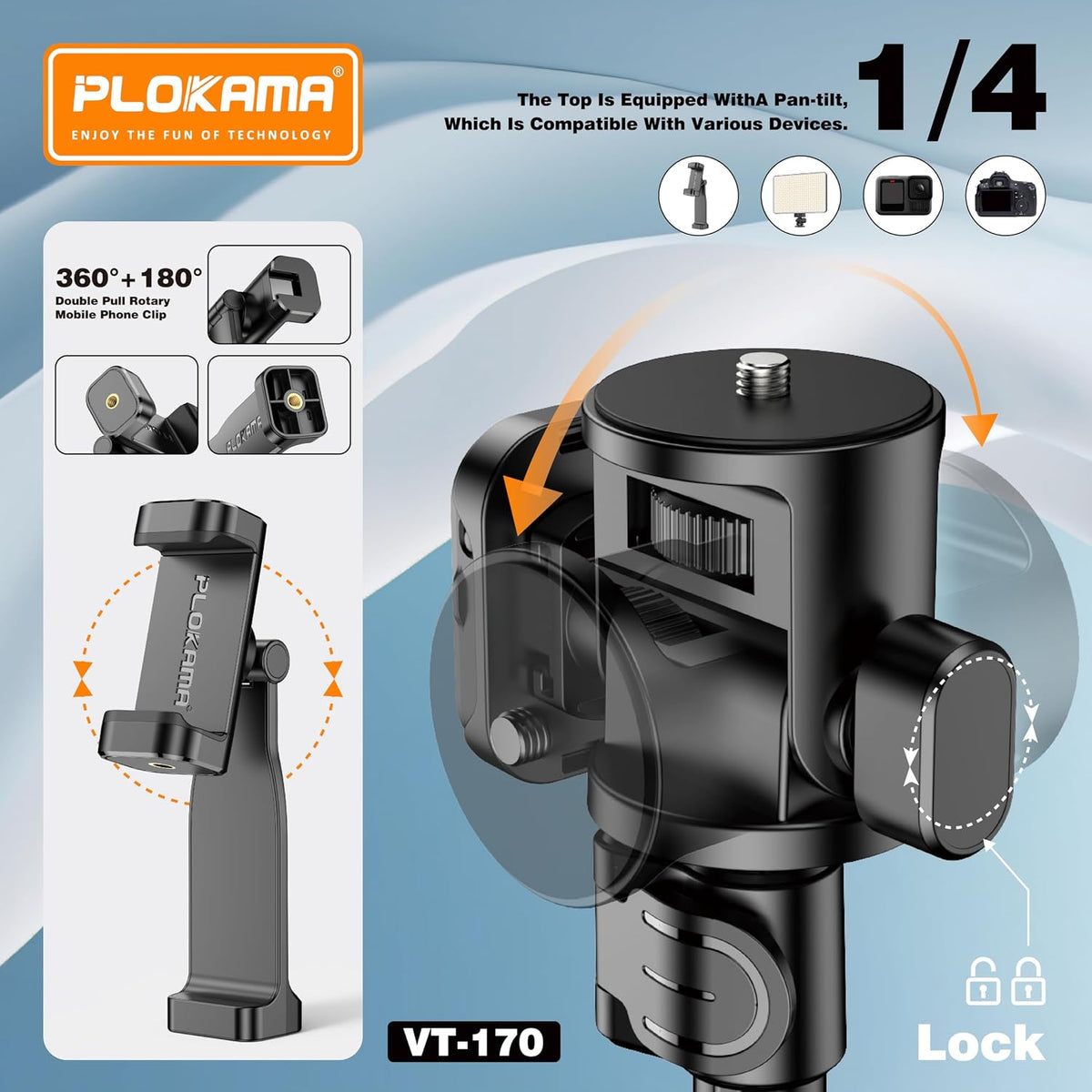 Plokama VT-170 tripod – universal phone holder at full height