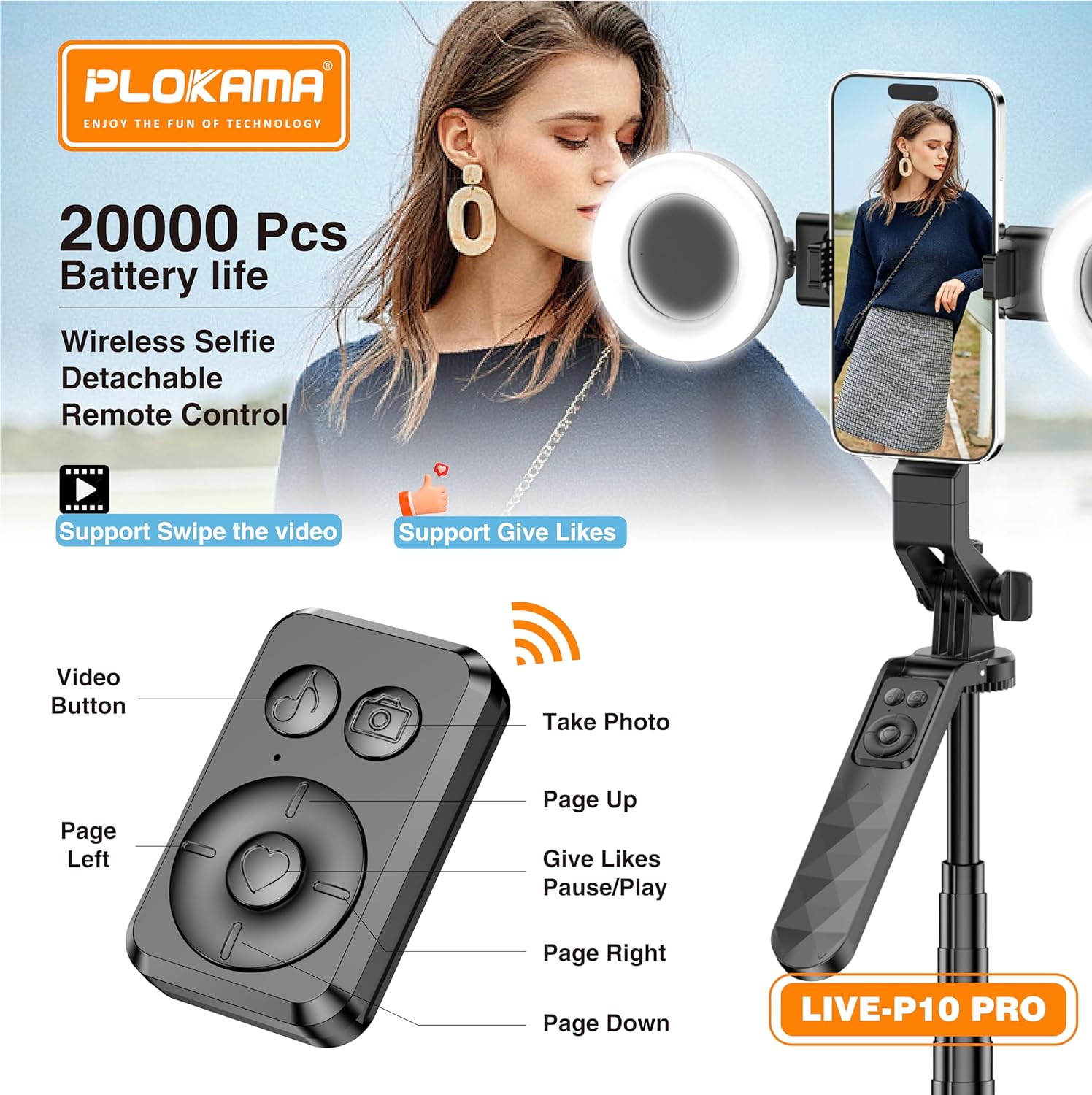Plokama Live-P10 Pro Selfie Stick Tripod with LED Light & Remote