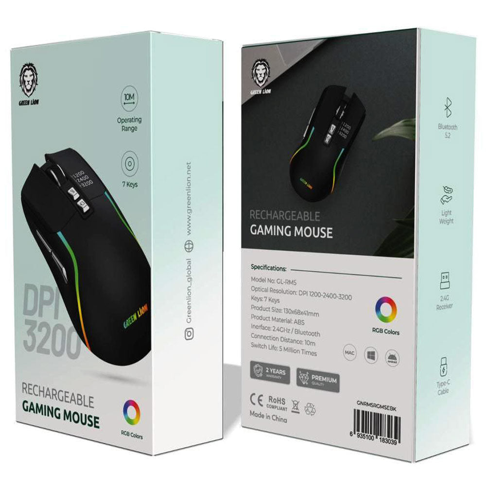 Green Lion Rechargeable Gaming Mouse – High-Precision Wireless RGB