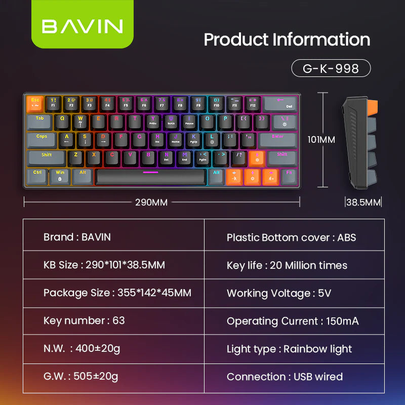 BAVIN G-K-998 RGB 63-Key Mechanical Gaming Keyboard w/ Wired Connection