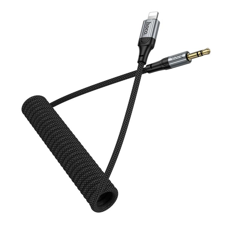 Close-up of HOCO UPA33A AUX cable with Lightning connector and 3.5mm jack.

