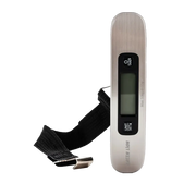 Green Lion digital luggage scale in silver showing LCD display and stainless steel body, front view
