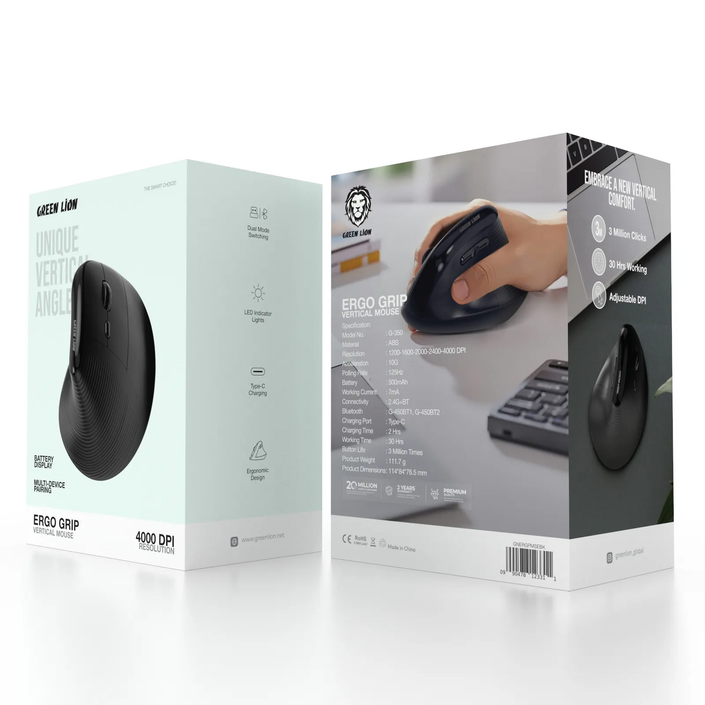 Green Lion Ergo Grip Vertical Mouse – Black | Ergonomic Wireless