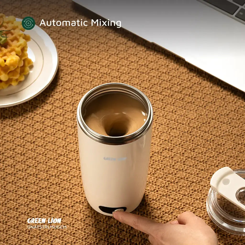 Self stirring coffee mug Green Lion stainless steel interior
