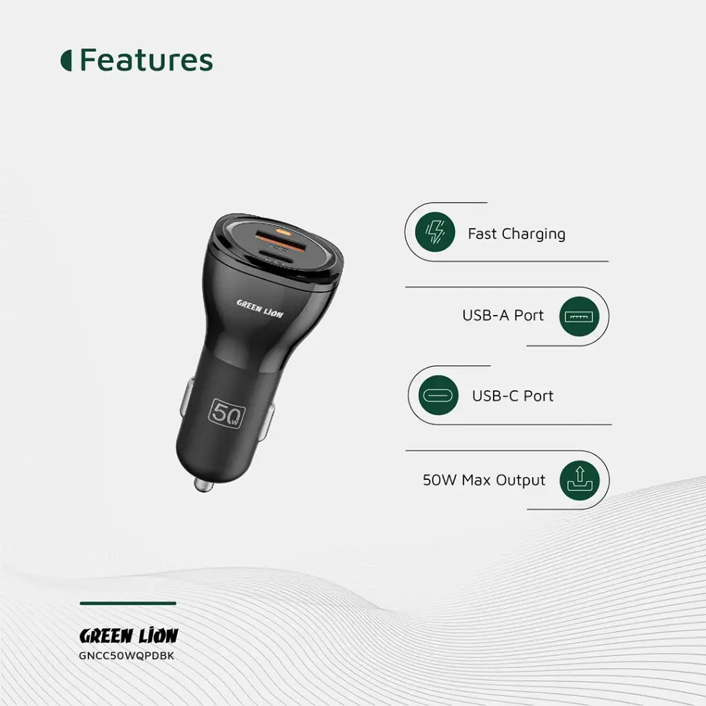 Green Lion Dual Port Car Charger 50W – Type-C & USB-A + 1m Type-C to Type-C Cable