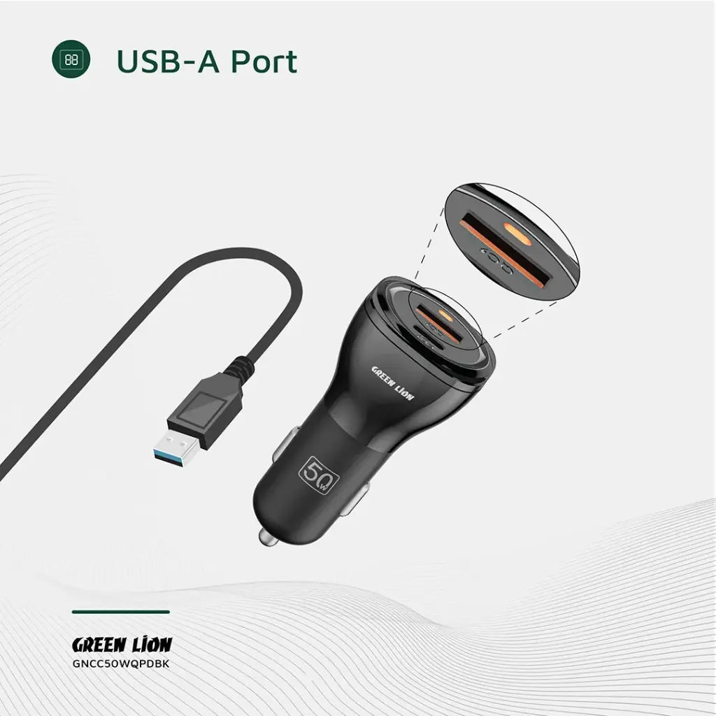 Green Lion Dual Port Car Charger 50W – Type-C & USB-A + 1m Type-C to Type-C Cable
