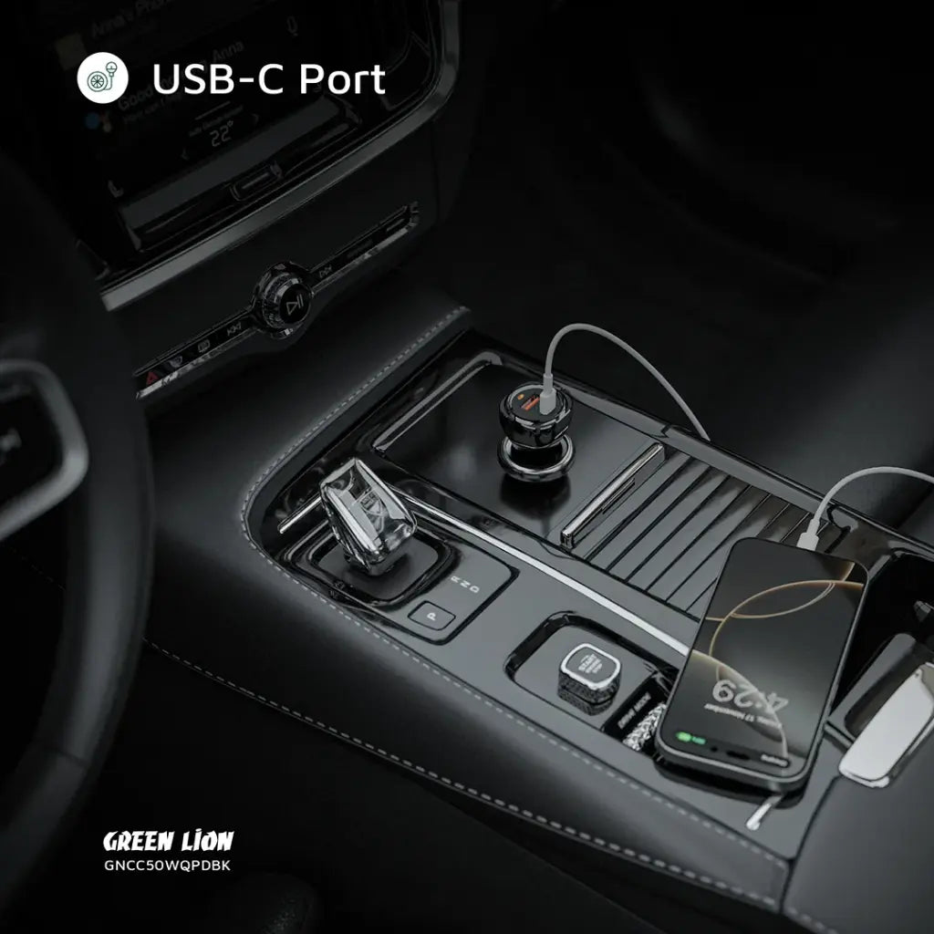Green Lion Dual Port Car Charger 50W – Type-C & USB-A + 1m Type-C to Type-C Cable