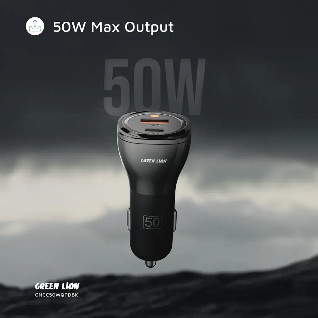Green Lion Dual Port Car Charger 50W – Type-C & USB-A + 1m Type-C to Type-C Cable