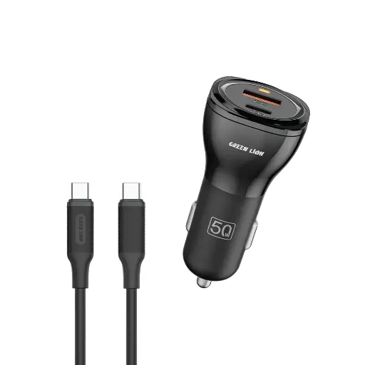 Green Lion Dual Port Car Charger 50W – Type-C & USB-A + 1m Type-C to Type-C Cable